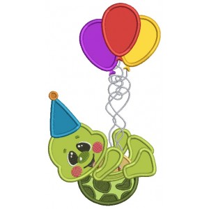 Cute Little Turtle With Birthday Balloons Applique Machine Embroidery Design Digitized Pattern
